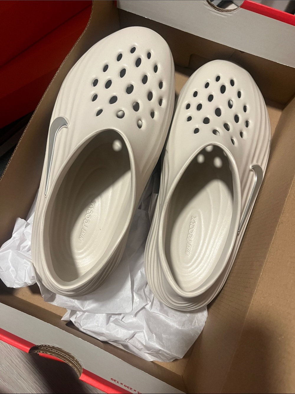 Nike Foam Clog in Light Cream with Silver Swoosh